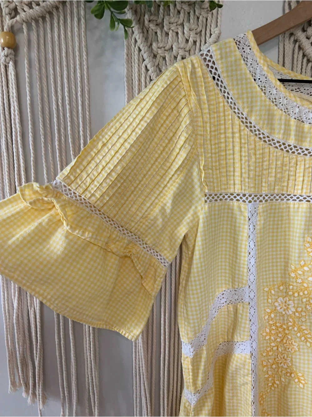 FREE PEOPLE Sunny Day Yellow Gingham Cotton Lace Dress Medium - Picture 4 of 10